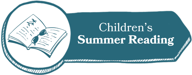 a blue banner with an open book and sunglasses drawing, and the text "children's summer reading.