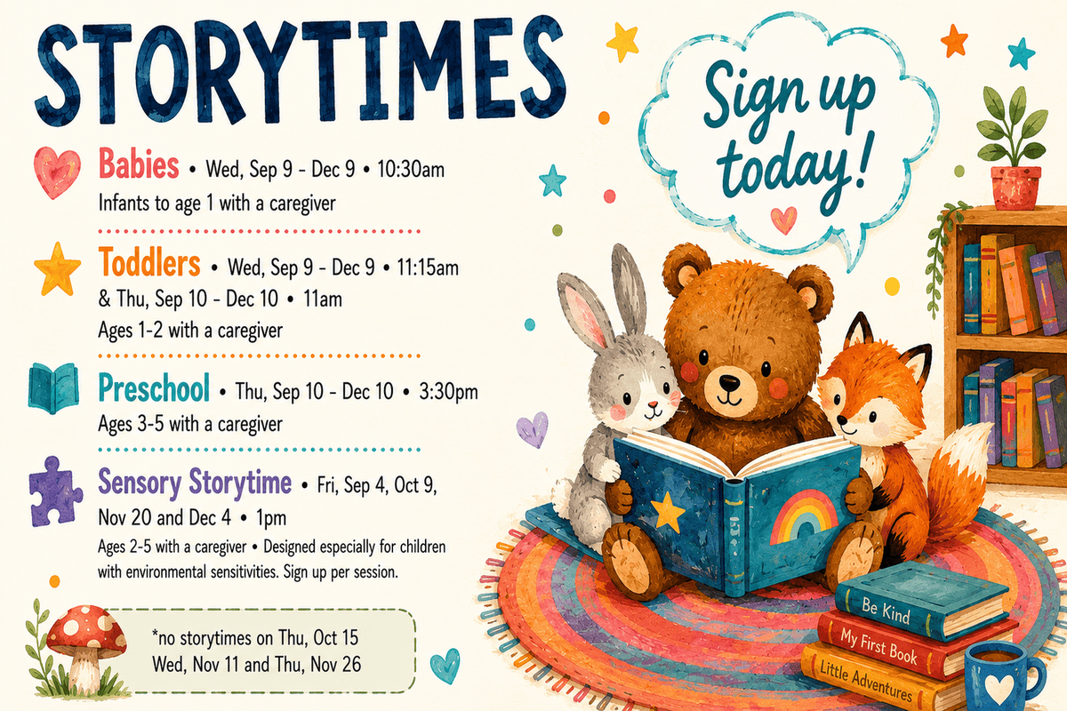 Fall storytime schedule beside an illustration of a rabbit, bear, and fox reading together. 
