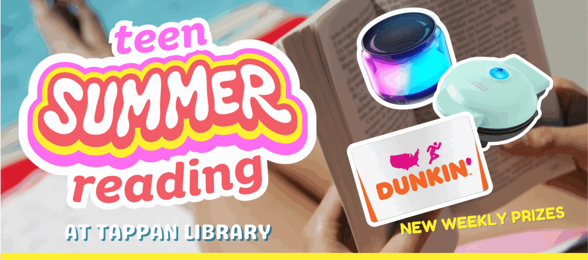 Teen Summer Reading at Tappan Library promo image with colorful text and symbols. Includes beach scene and weekly prizes like a speaker, waffle maker, and gift card.
