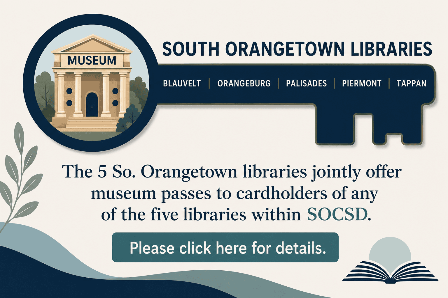 Promotional graphic for South Orangetown Libraries featuring a museum illustration, with text about museum passes for cardholders and a clickable button.