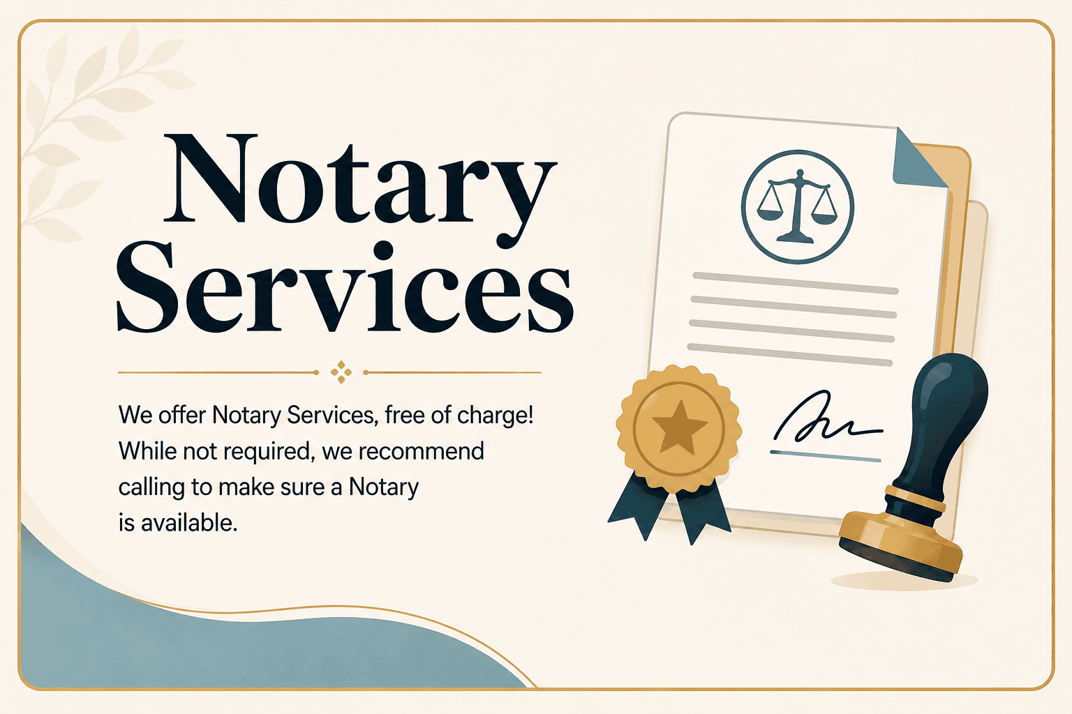 Promotional graphic for notary services featuring a legal document, a gold seal with a ribbon, and a black notary stamp on a cream-colored background.