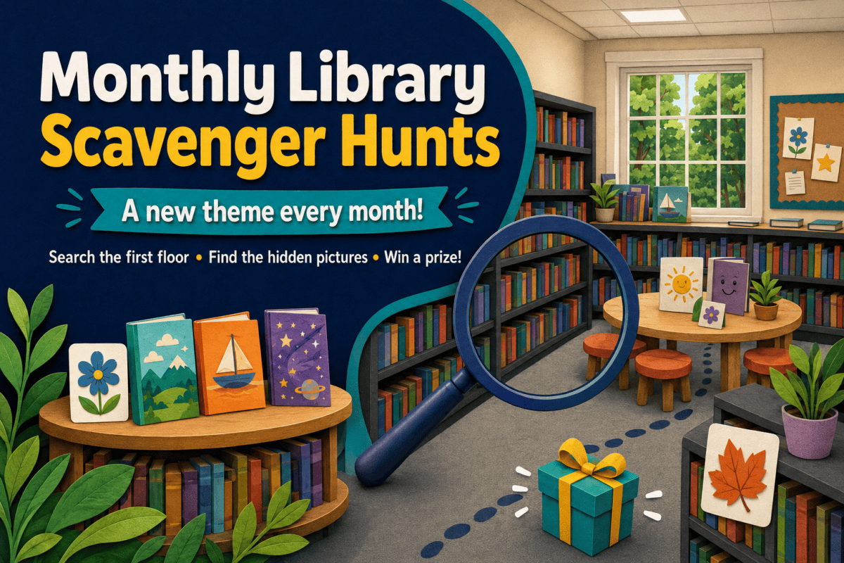 A cozy library scene featuring a round table with colorful books, a gift box, and a large magnifying glass, surrounded by bookshelves and a view of greenery outside.