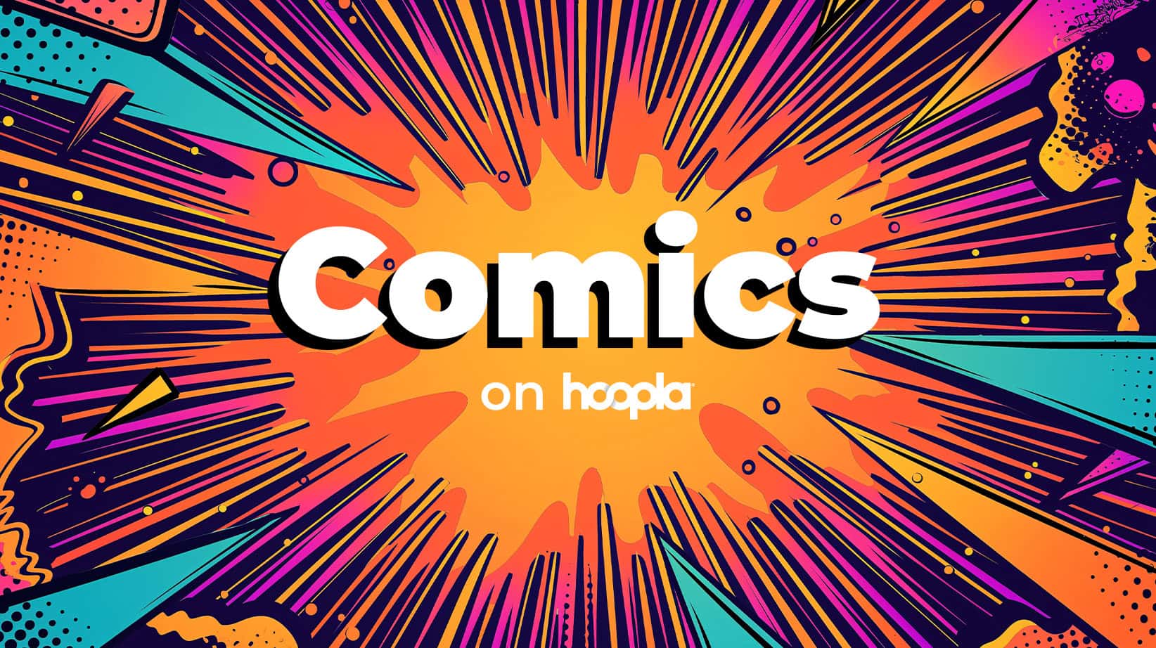 The text "Comics on hoopla" against a comic book background. 