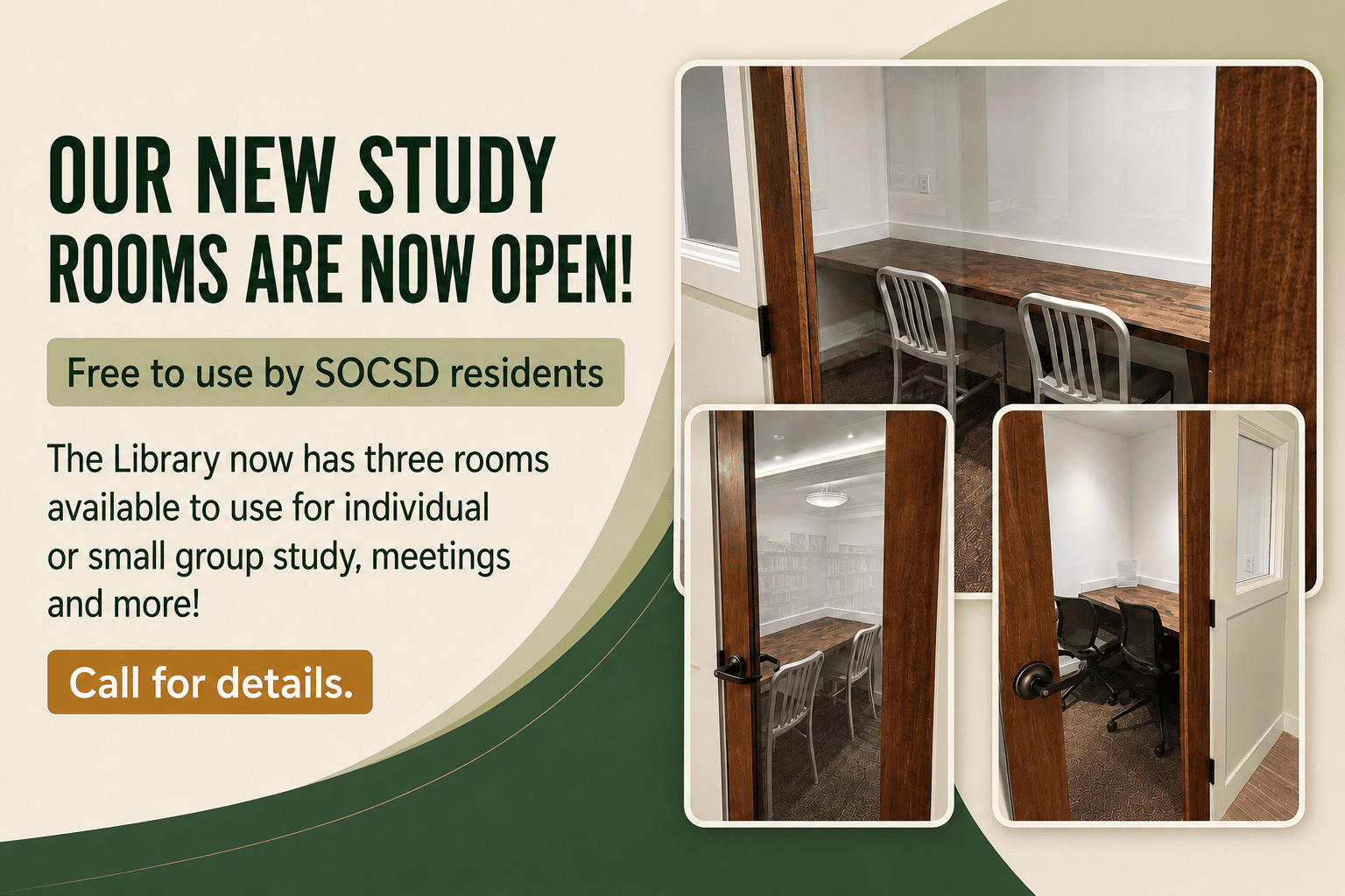 Promotional graphic showcasing new study rooms in a library with images of study spaces featuring desks and chairs.