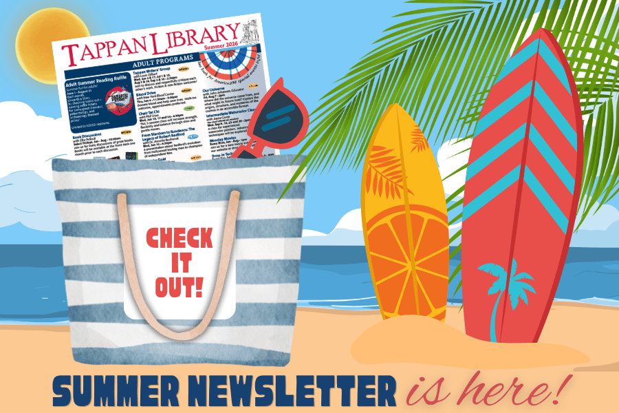 Beach scene with a tote bag holding a newsletter, red sunglasses, surfboards, and palm leaves. Text reads "Summer Newsletter is here!"