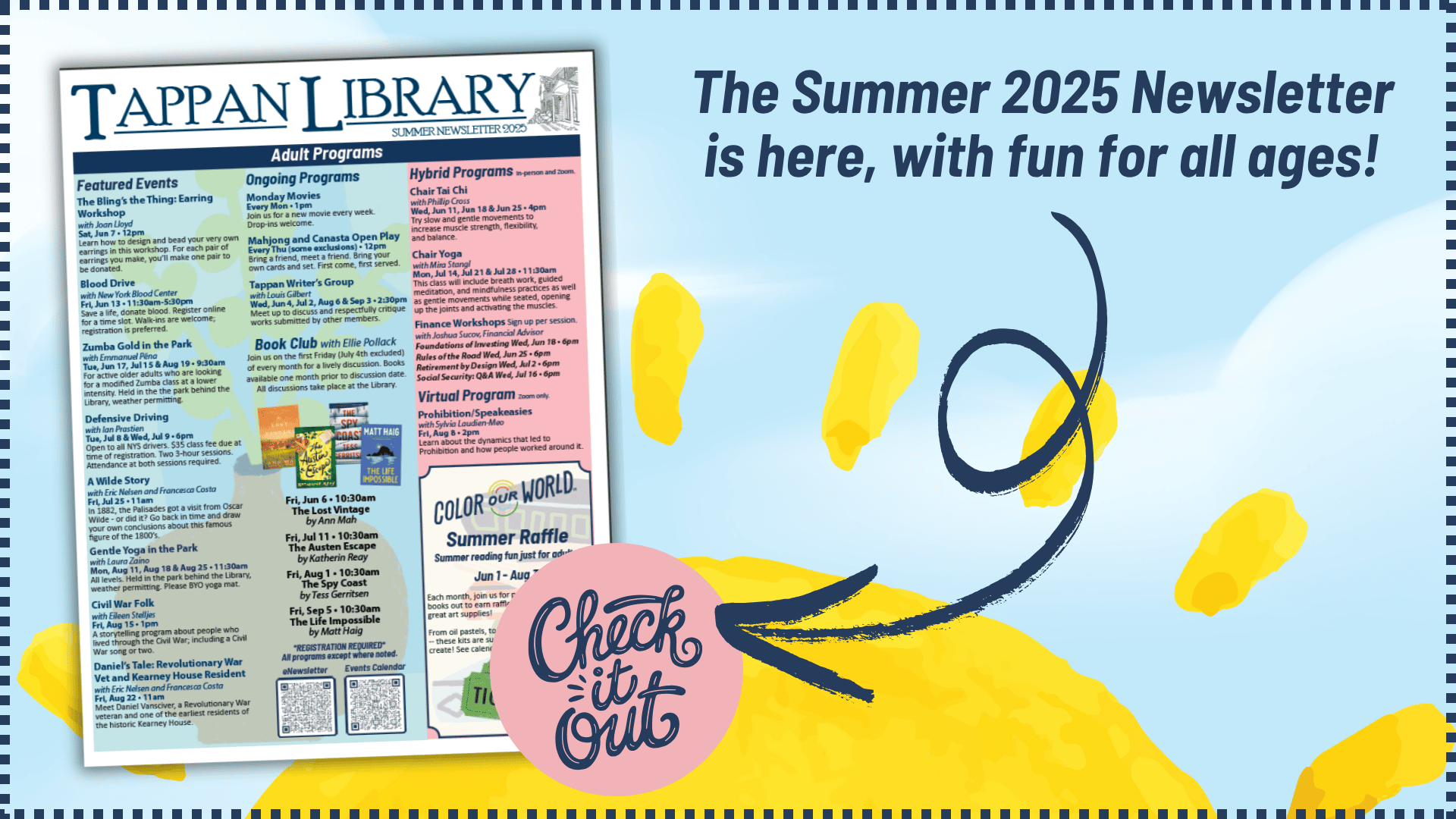 image of the tappan library’s summer 2025 newsletter with highlighted programs and the text: “the summer 2025 newsletter is here, with fun for all ages! check it out.”.