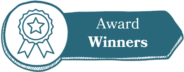 A blue graphic of an award ribbon, next to the words Award Winners in white text on a blue background.