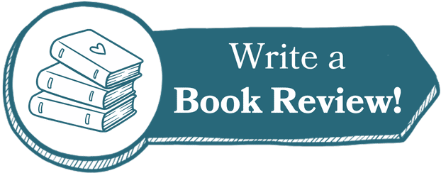 A blue graphic of a stack of books on the left, and the text Write a Book Review! in white text on a blue background on the right.