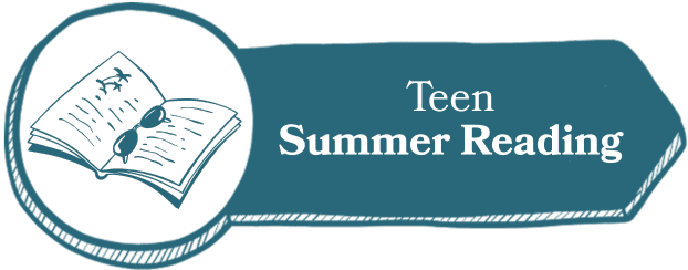 a blue graphic with an open book and sunglasses illustration, and the text "teen summer reading.