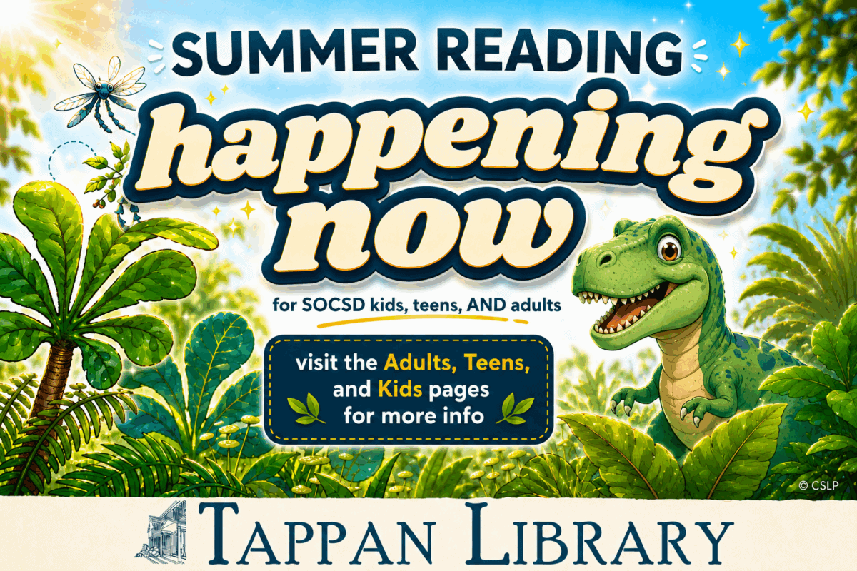 Promotional image for a summer reading program featuring a dinosaur and jungle scene with "Summer Reading happening now" text.
